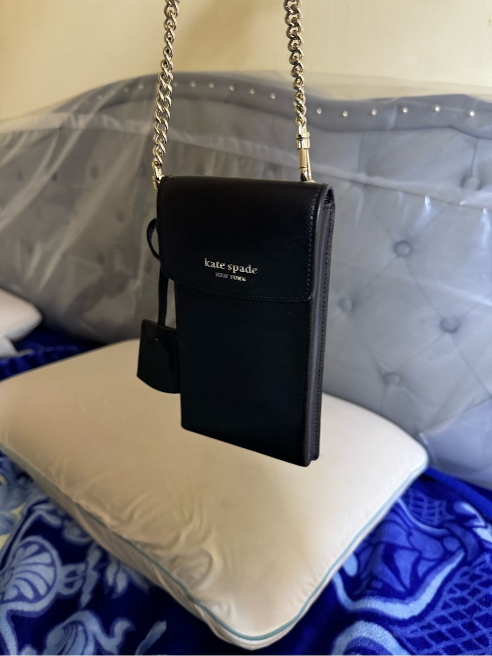 kate spade Black Leather Crossbody Phone Wallet with Silver Chain